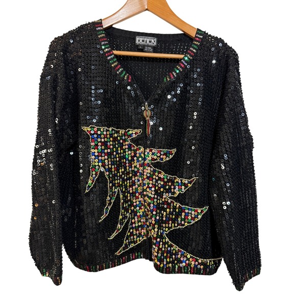 berek Sweaters - VTG Berek Sequin Christmas Tree Cardigan Women Large Black Art to Wear